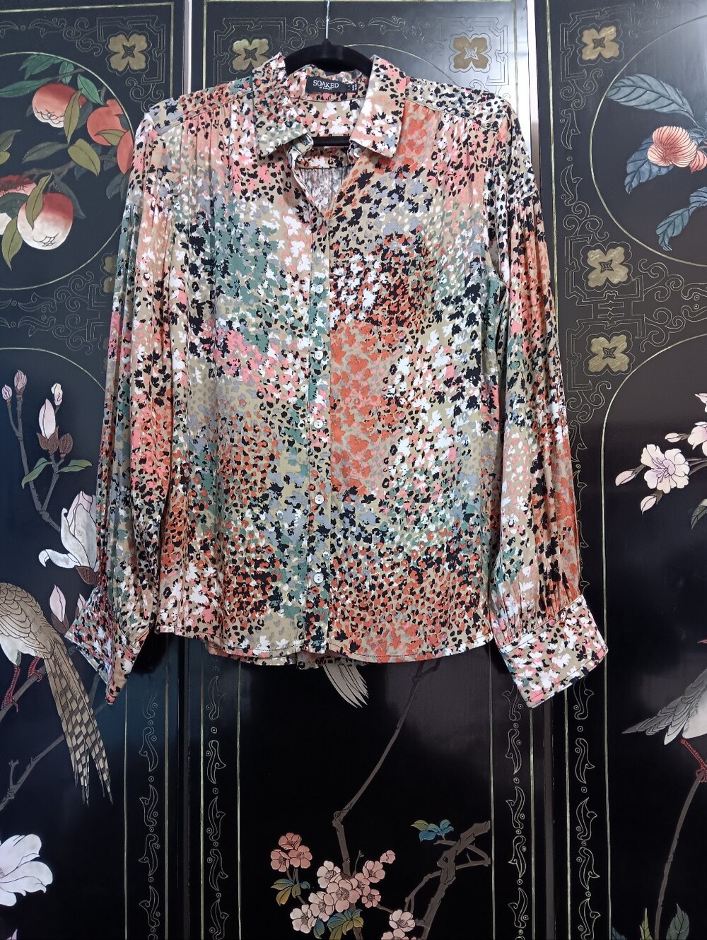 Soaked In Luxury Abstract Speckled Button-Up Blouse in Coral, Green & Black